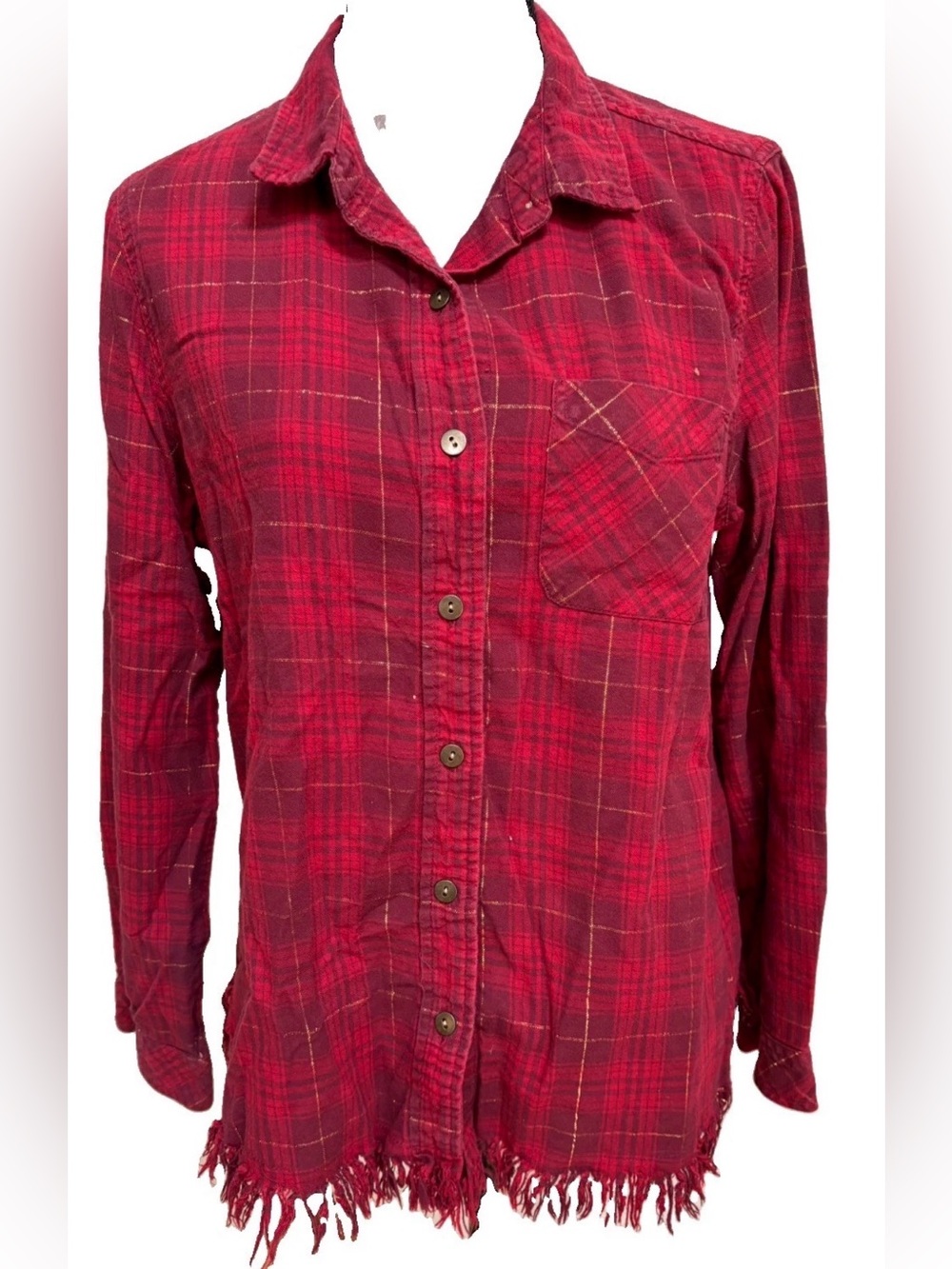 Velvet Heart Red Plaid Shirt With Gold Thread Fringe Trim Women’s XL